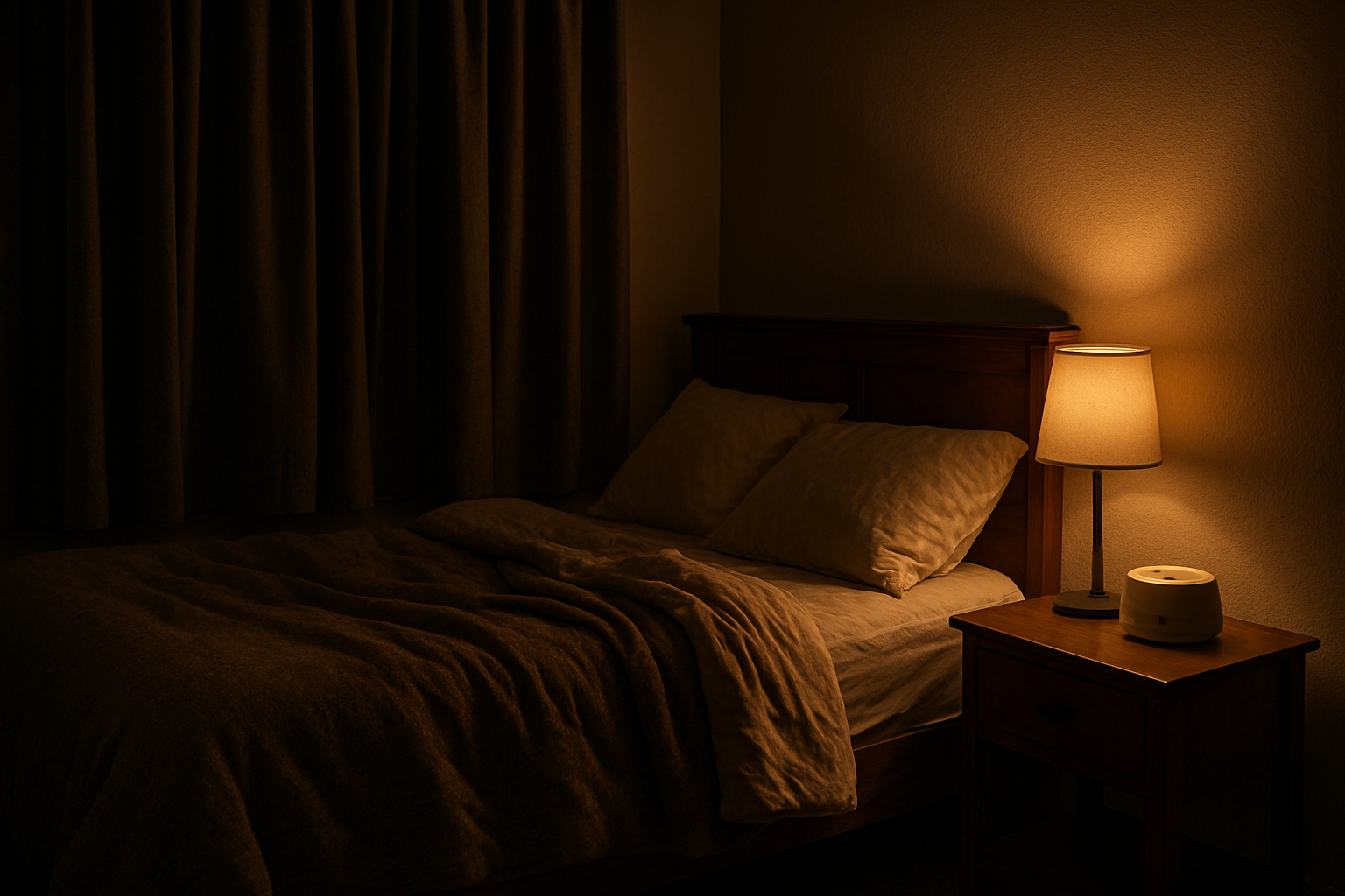 Dark, cozy bedroom with blackout curtains and white-noise machine