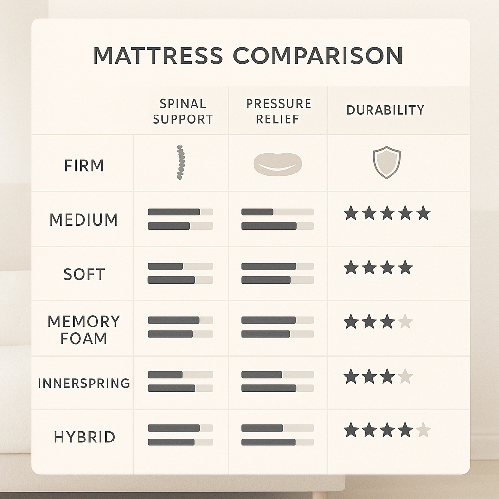 Comparison table of mattress types and spinal benefits