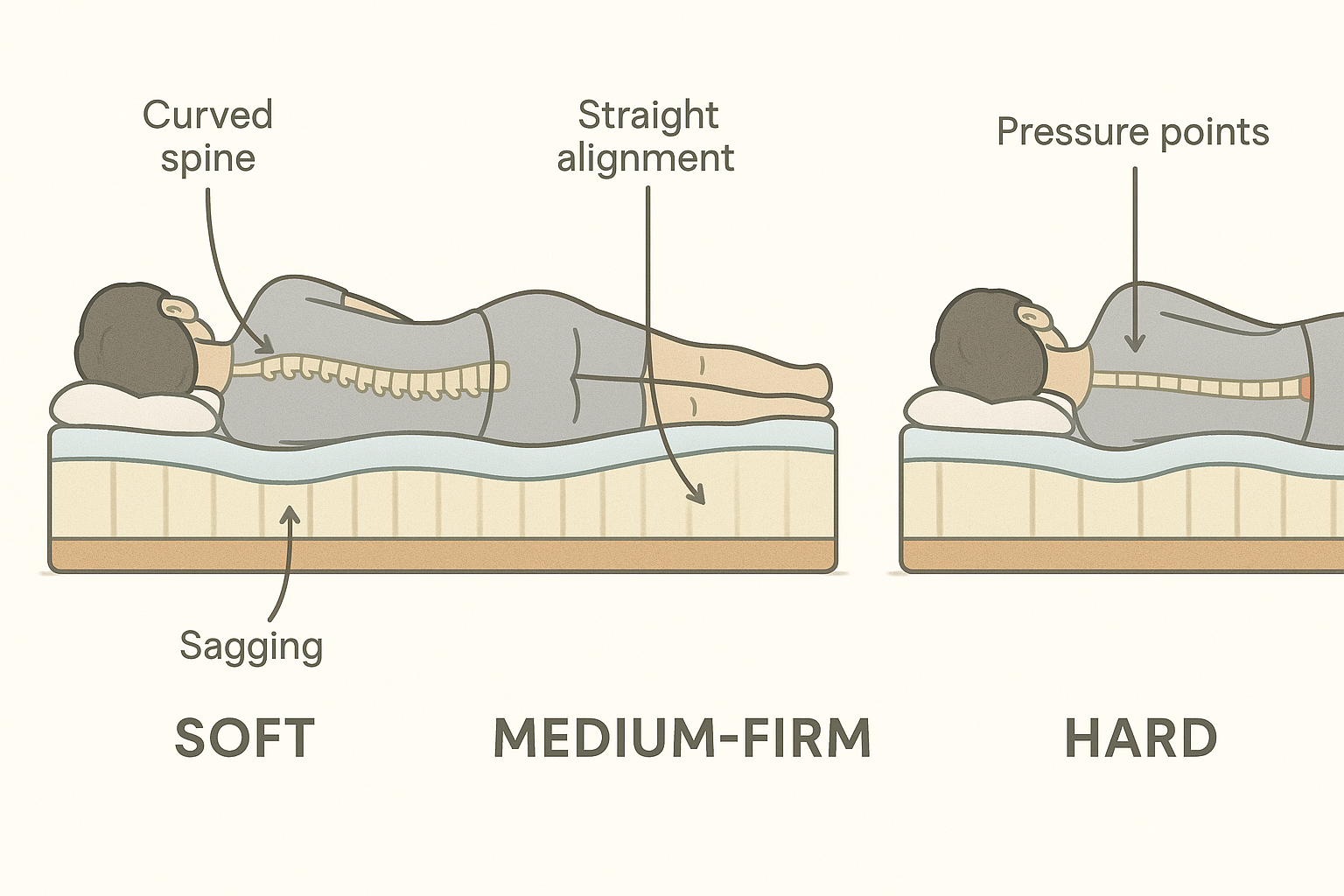 Soft vs. medium-firm vs. firm mattress cross-section