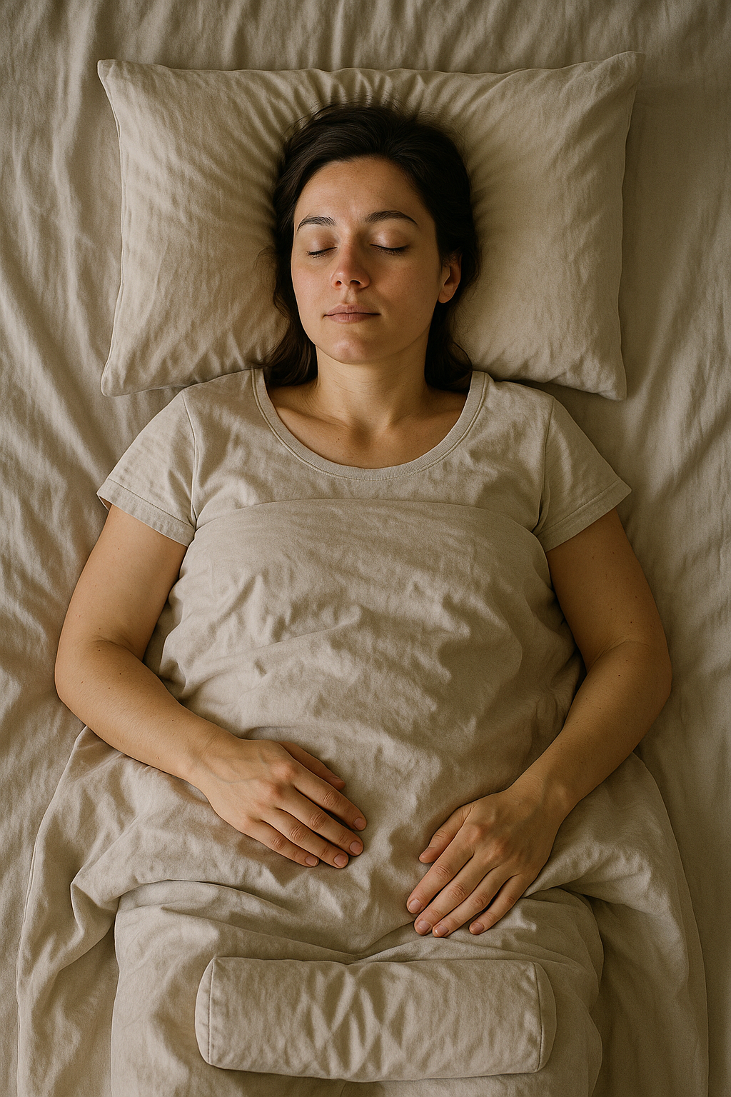 Person lying on their back with a small pillow under their knees and head slightly elevated