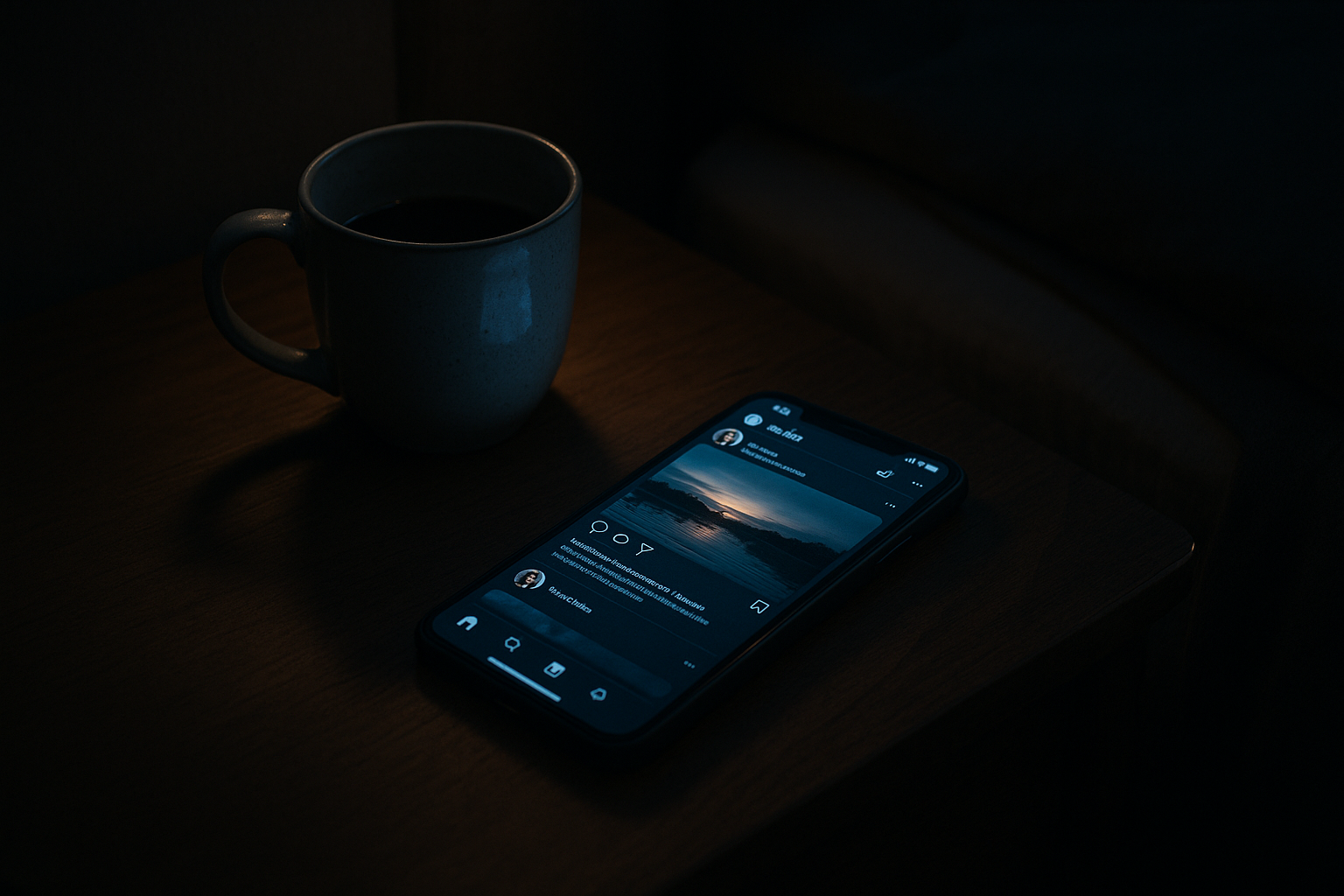 Smartphone displaying social media app glowing brightly next to a half-full coffee mug on a nightstand in darkened bedroom