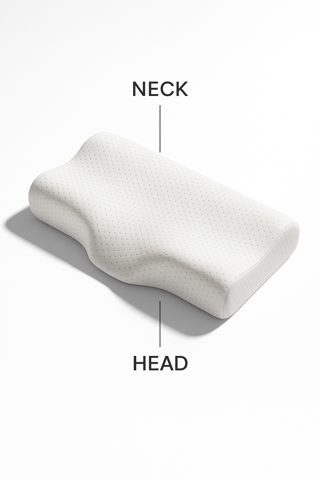 Contoured memory foam pillow with labeled zones for neck and head support