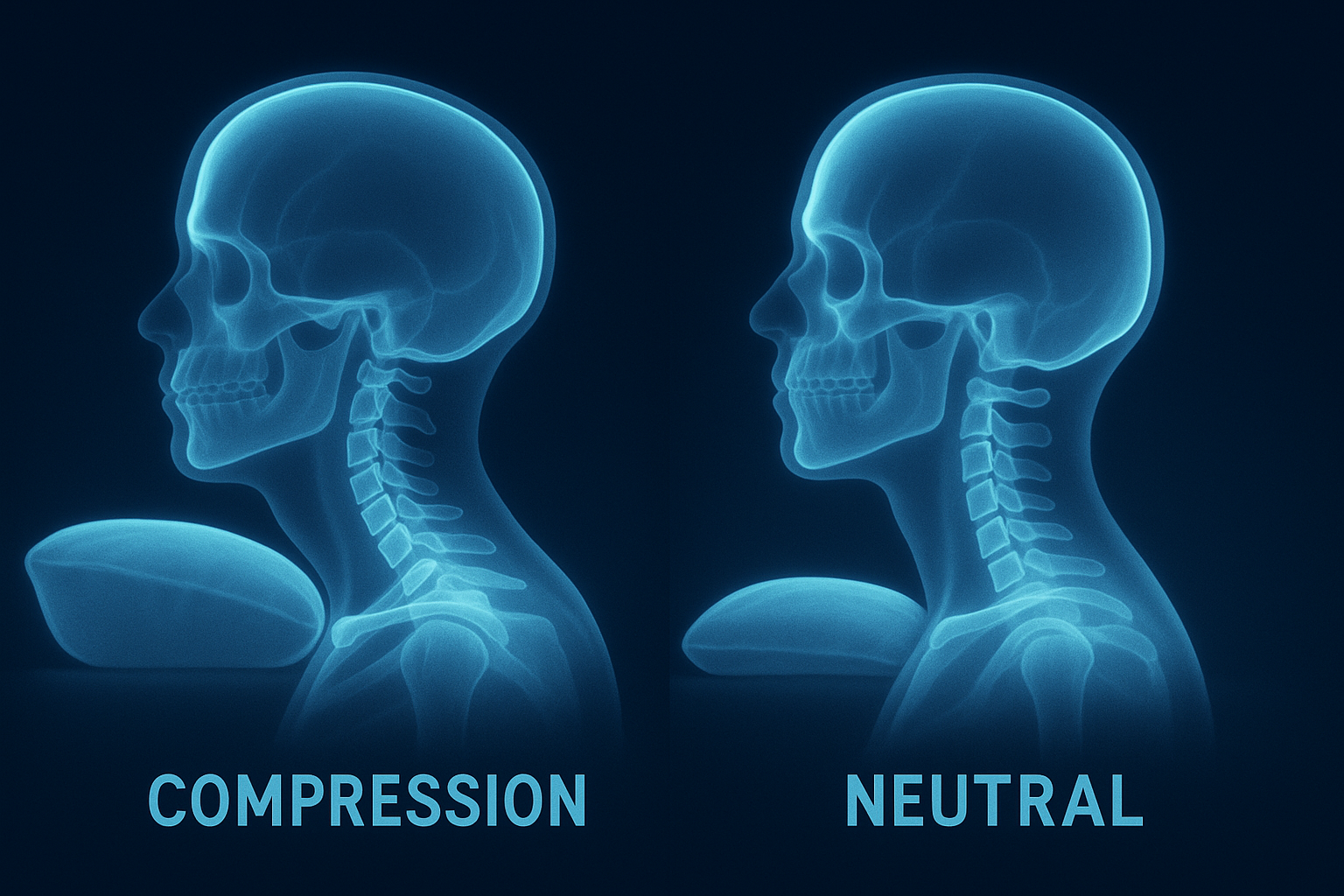 X-ray illustration of proper vs improper cervical alignment with pillow support