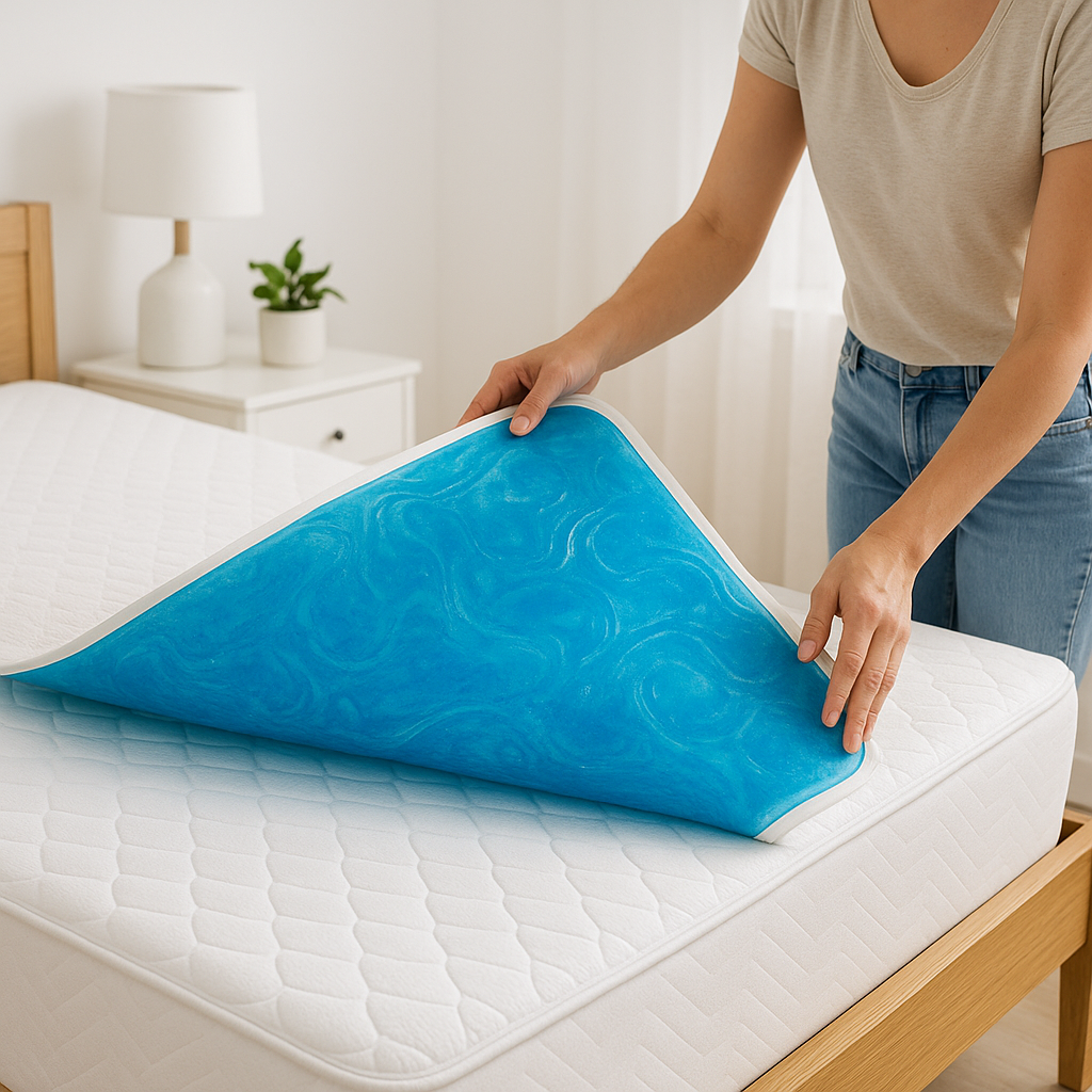 Gel cooling mattress pad being placed