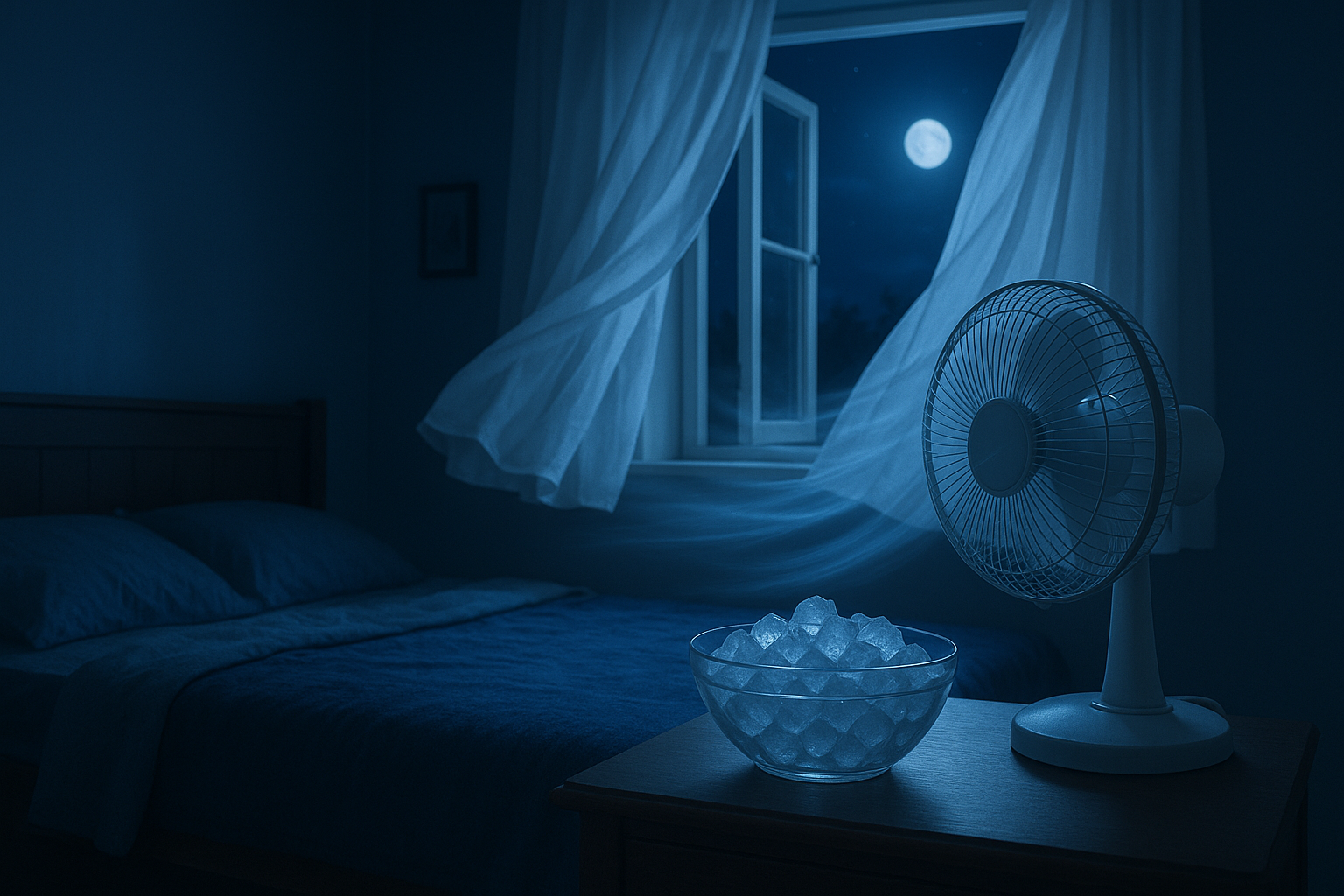 Fan near open window with ice bowl