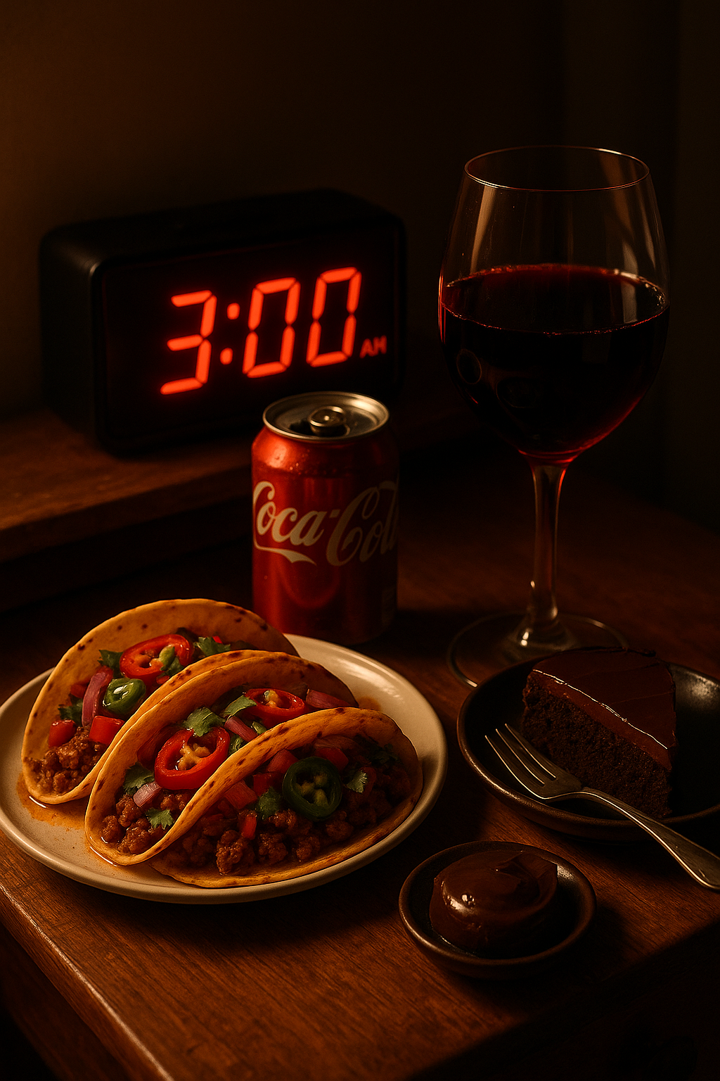 Late night snack arrangement showing spicy food, alcoholic beverage, chocolate dessert, and caffeinated soda with alarm clock showing 3:00 AM in the background