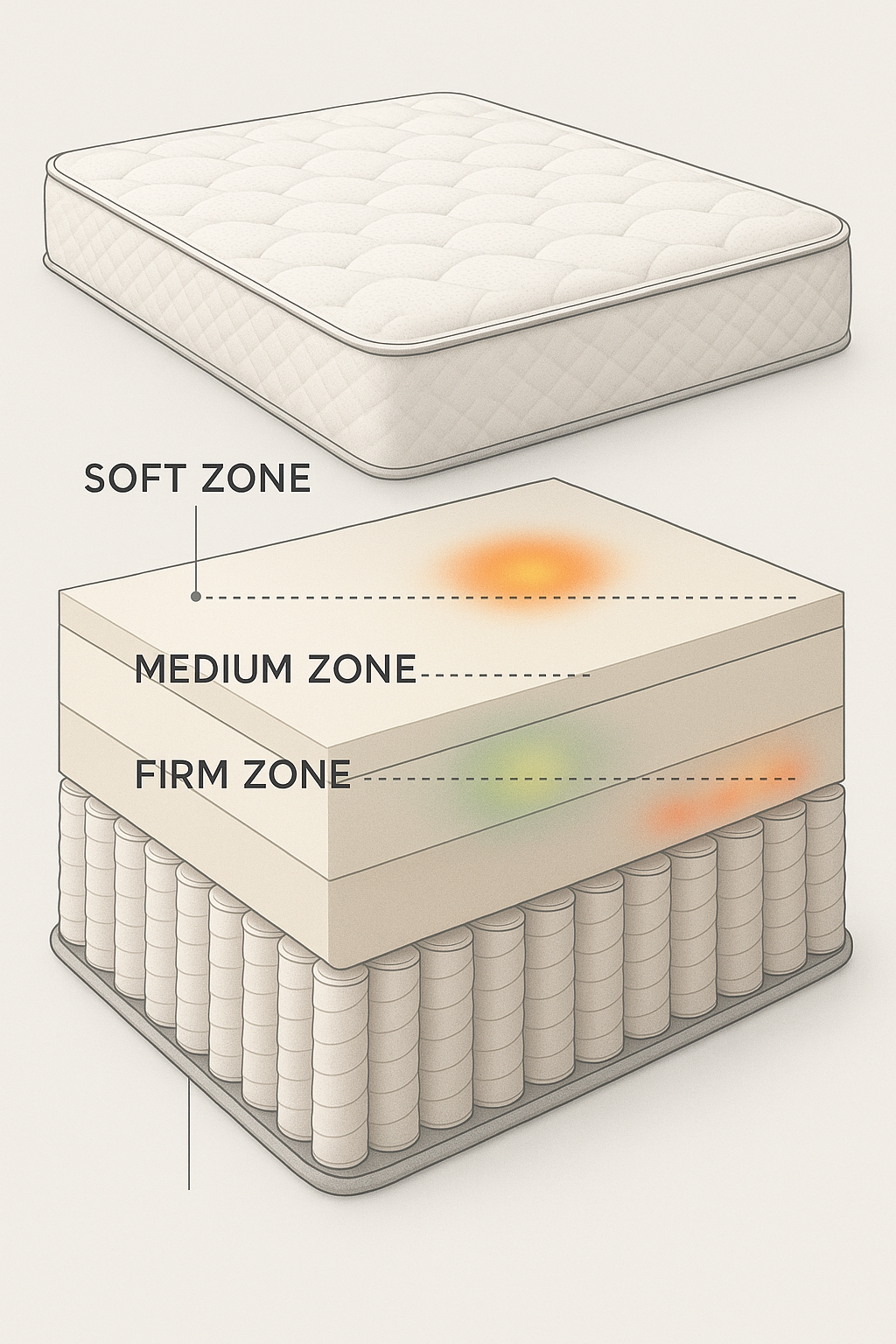 Cross-section of a mattress showing soft, medium, and firm layers with pressure points
