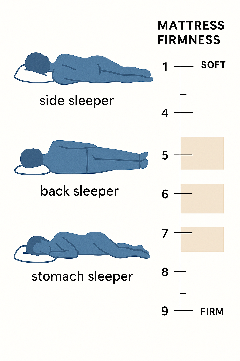 Comparison chart showing side, back, and stomach sleepers with ideal mattress firmness ranges (scale 1–10)