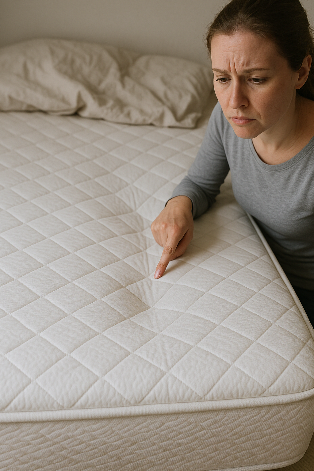 Close-up of a mattress with visible sagging and person pointing to hip-height dip