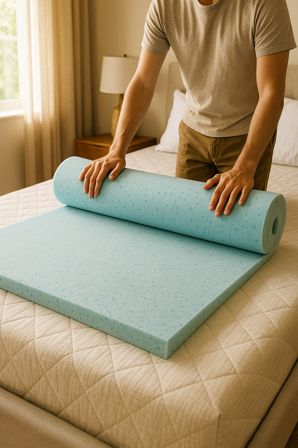 A mattress topper being unrolled onto a bed
