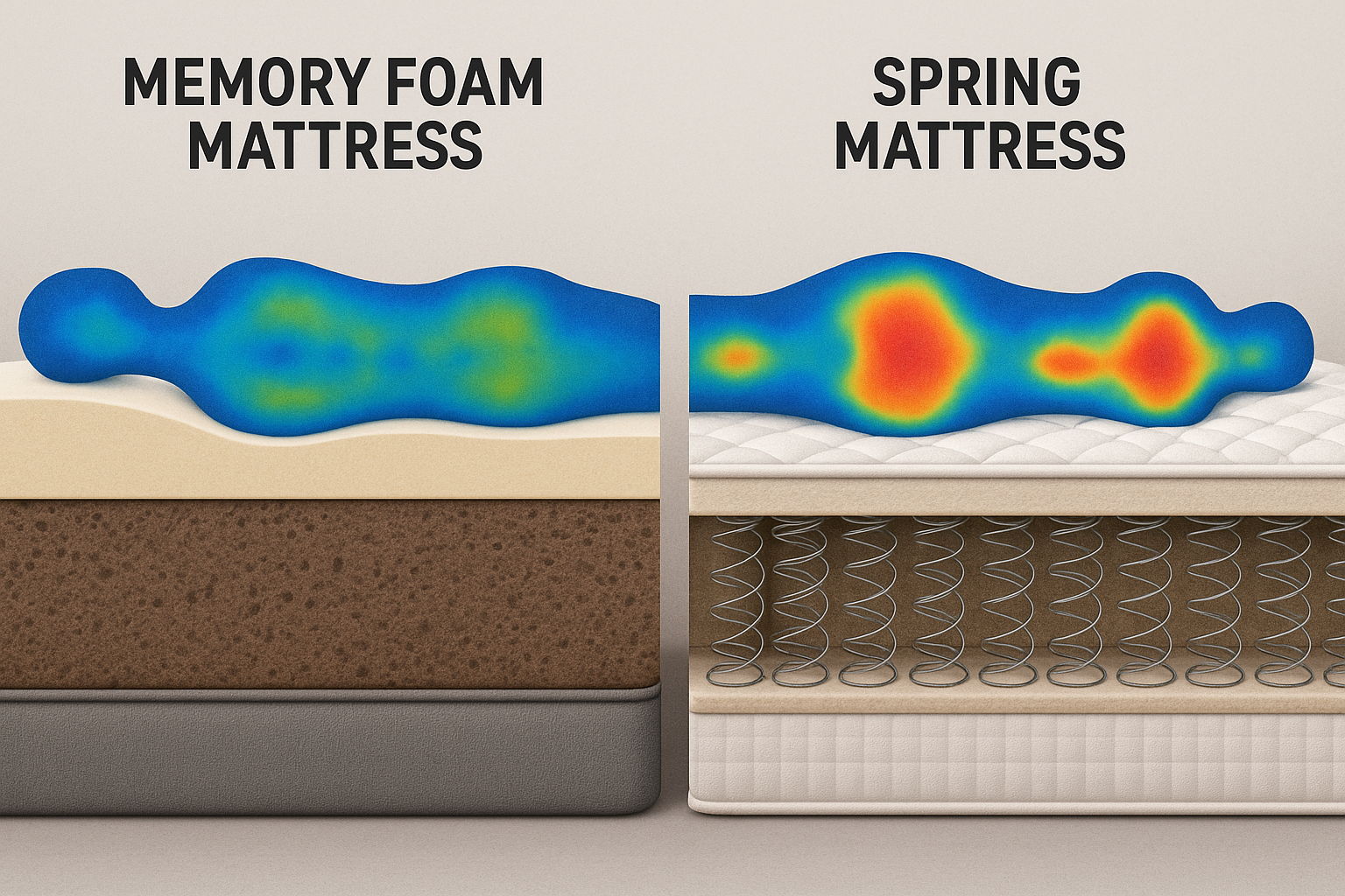 Cross-section of memory foam and spring mattress with pressure distribution