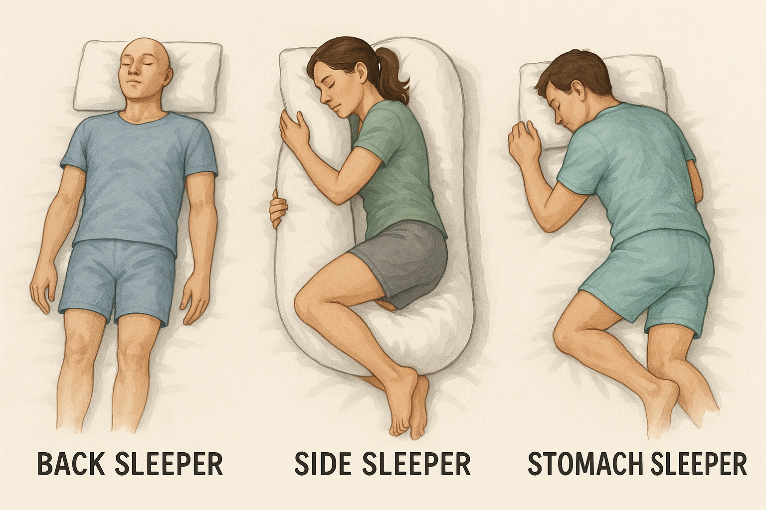 Diagram of ideal pillow placement for each sleep position