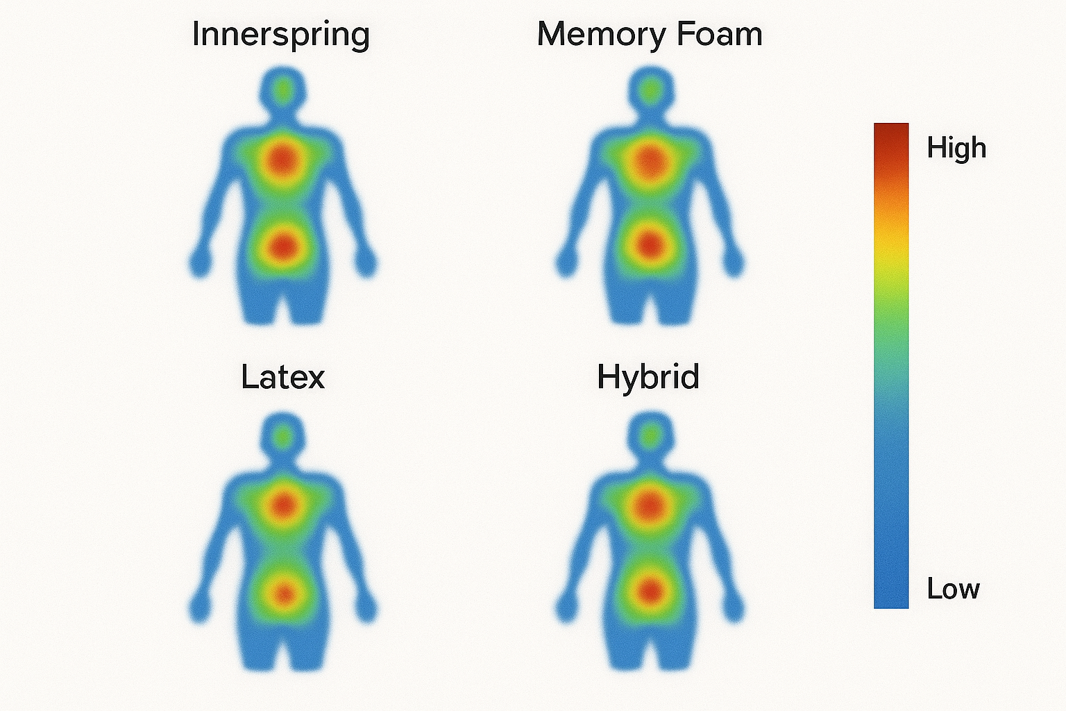 Thermal map showing pressure points on various mattress types