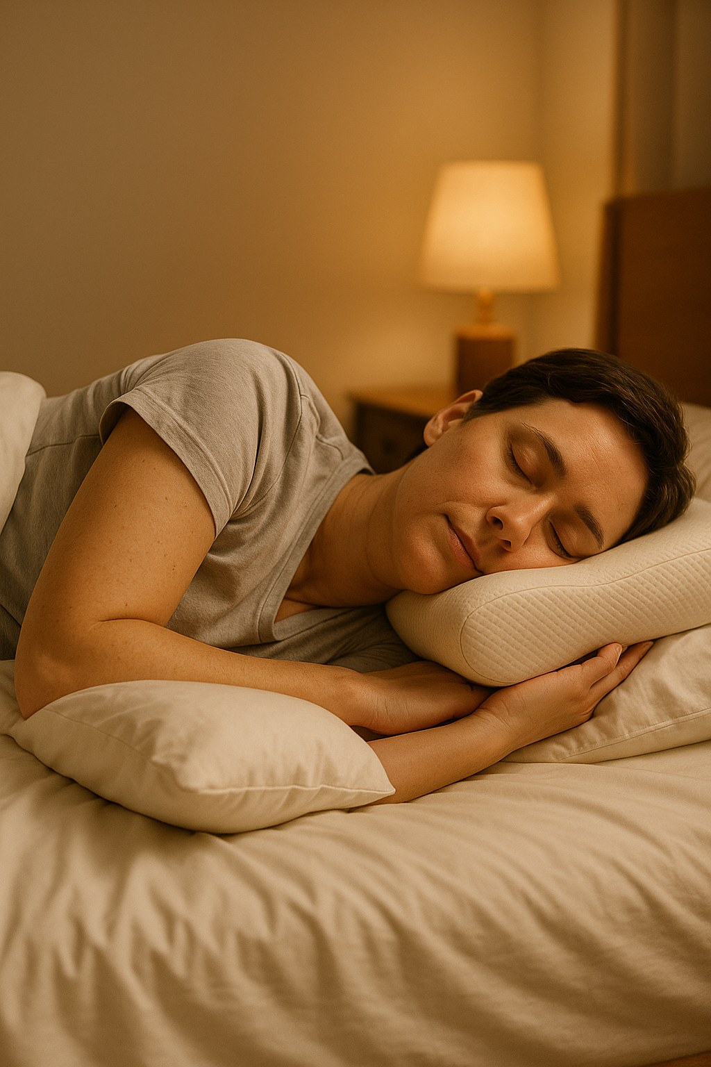 Person sleeping on their side with pillow between knees and contoured neck pillow