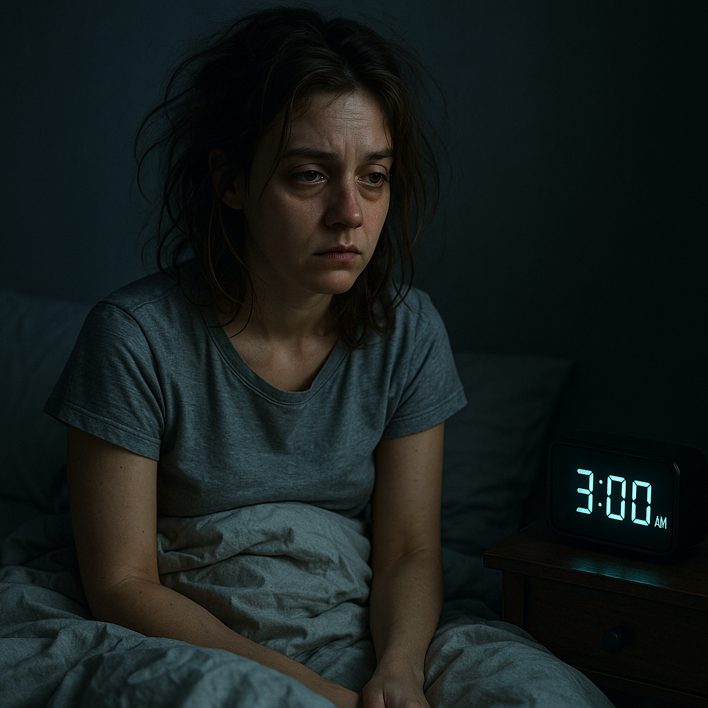 Exhausted woman staring at alarm clock showing 3:00 AM, surrounded by rumpled bedding in a dimly lit bedroom