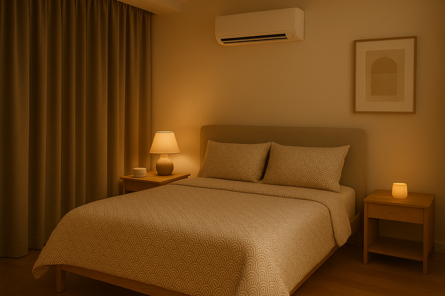 Serene bedroom with blackout curtains, sound machine, cooling system, and clutter-free surfaces with soft, warm lighting and no electronic devices