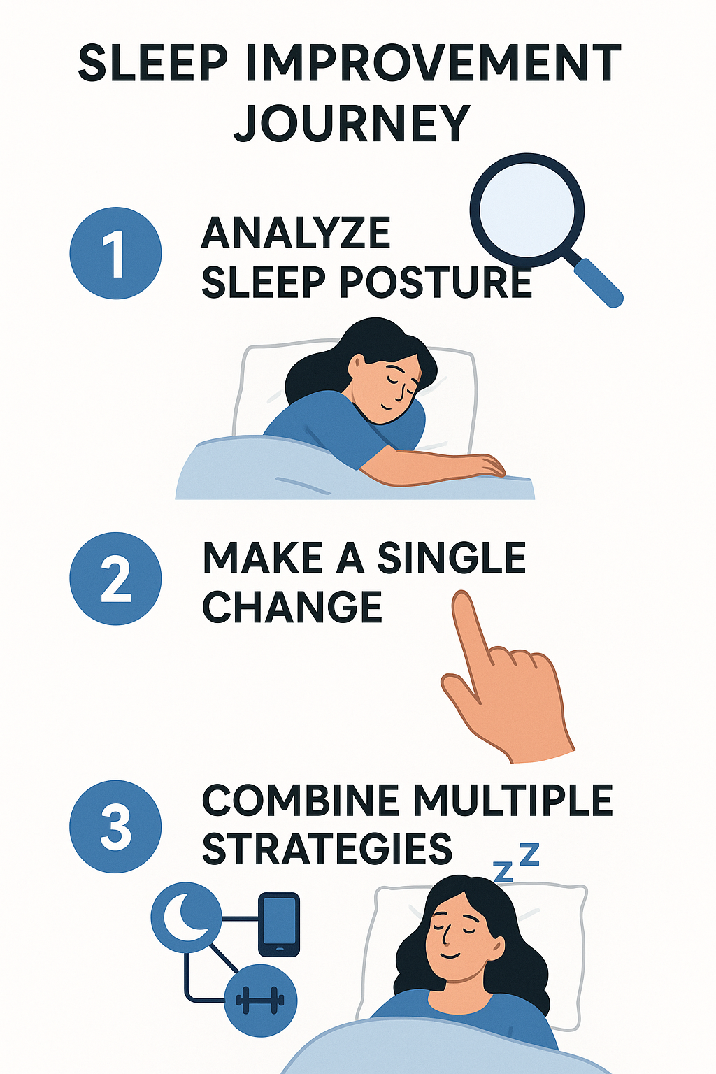 3-step infographic: analyze current sleep, make one change, combine strategies