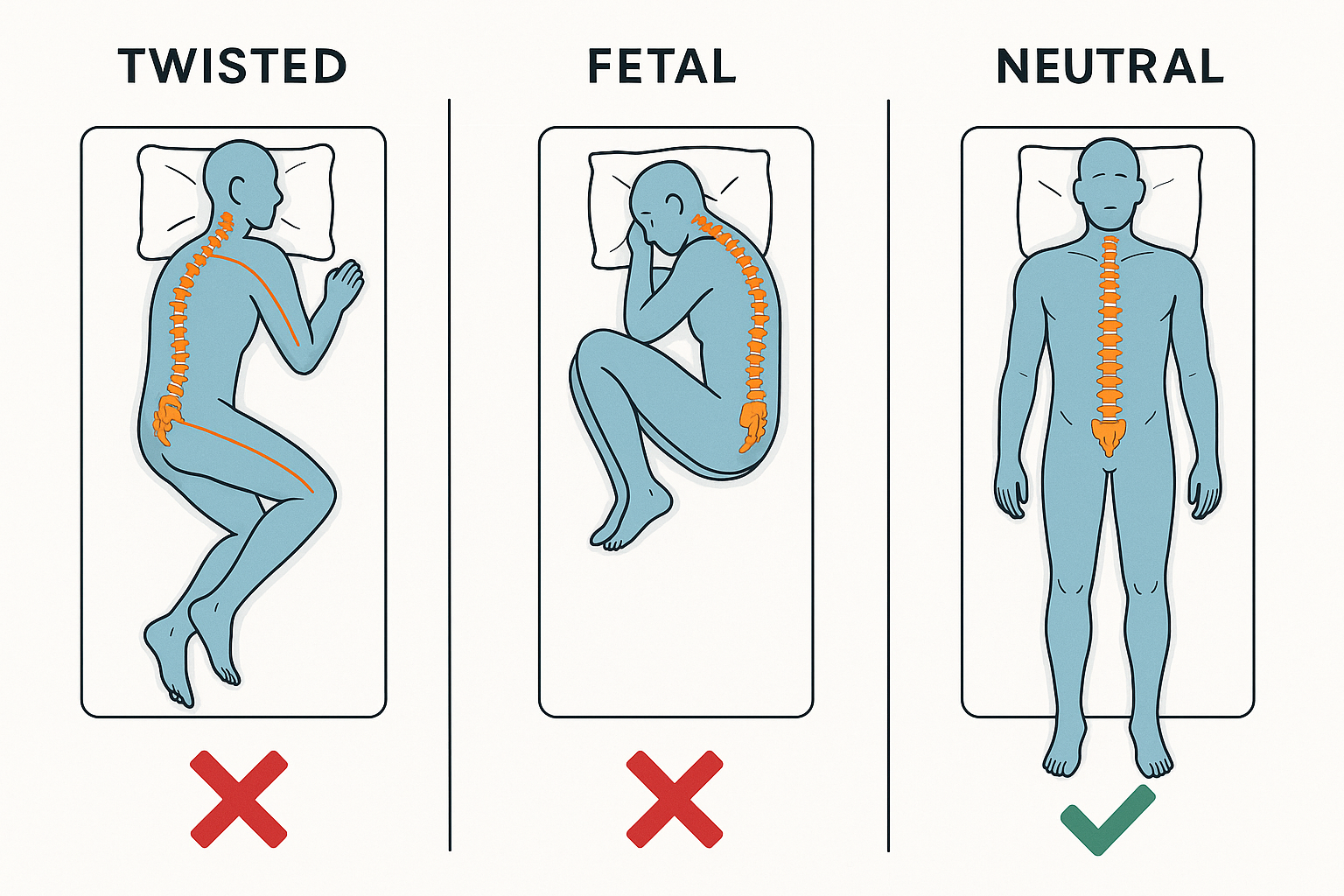 Illustration of sleeping positions showing good vs bad posture