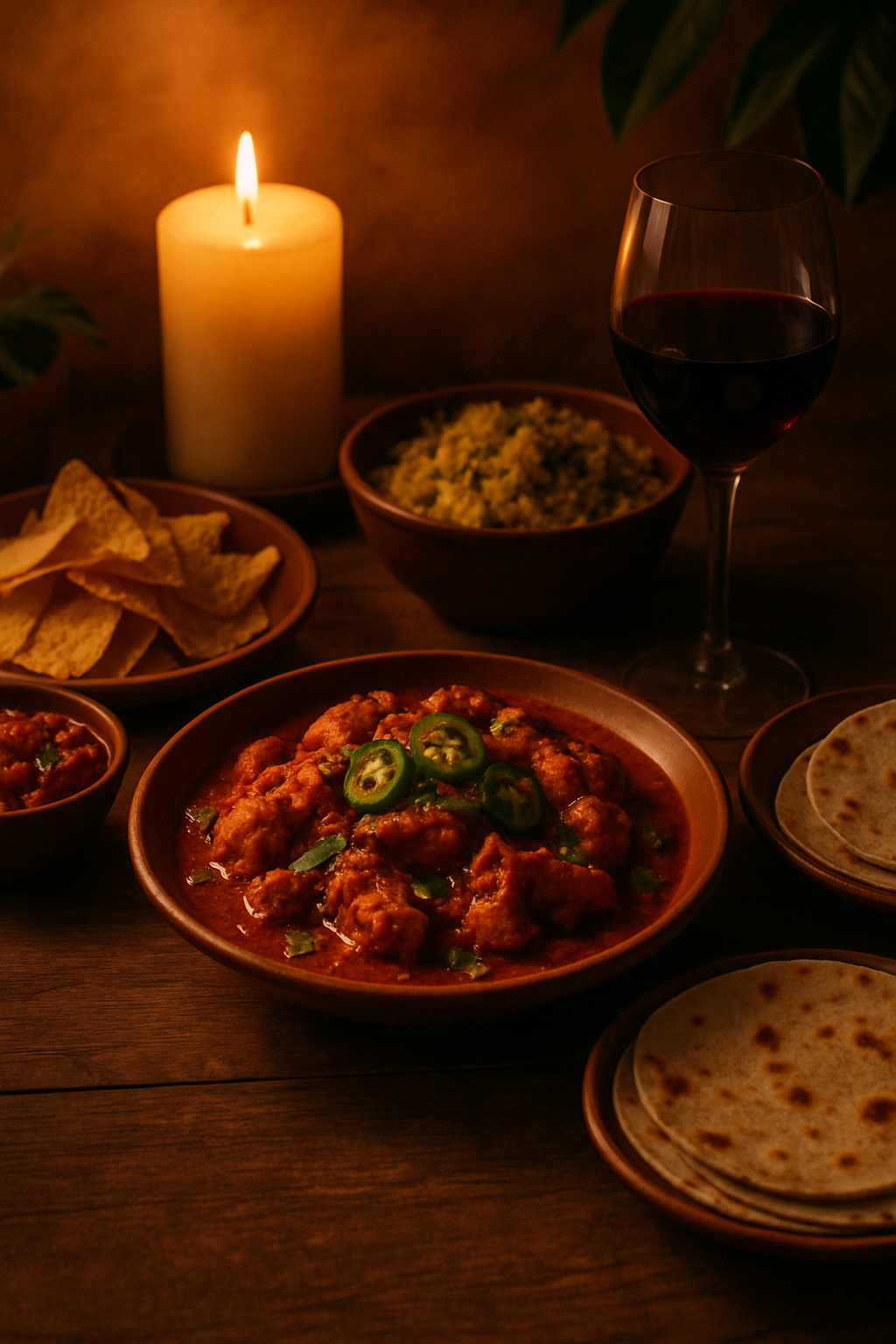 Spicy food and wine at dinner table