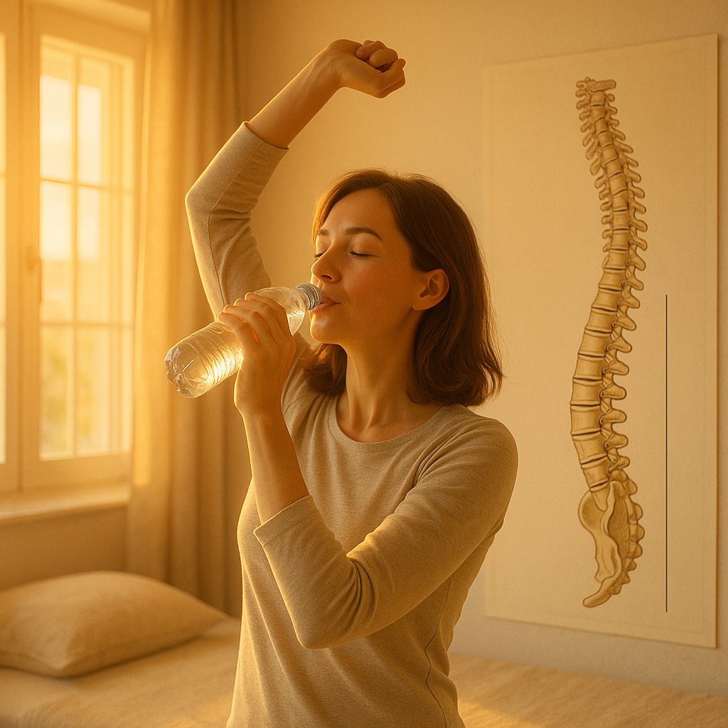 Illustrated morning routine with light stretching, hydration, posture reset